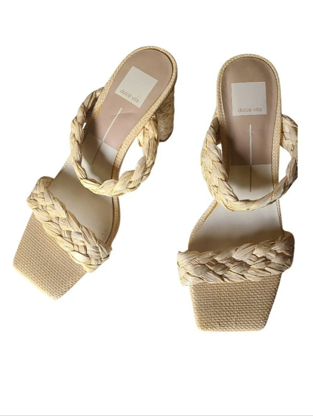 Dolce Vita Paily Braided Raffia Block Heel Sandals Square Toe Size 8.5 Natural